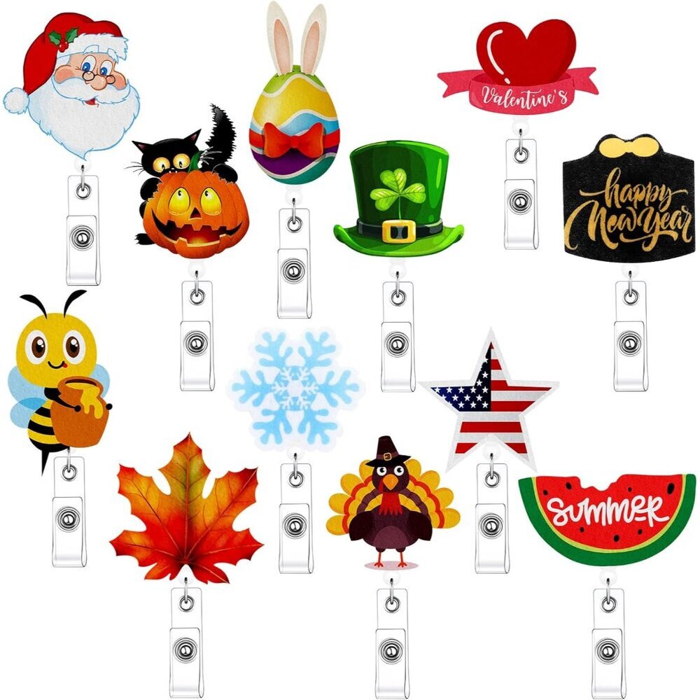 12 Pcs Christmas Badge Reels Rabbit Retractable Holiday Nurse Badge Clip Reels H